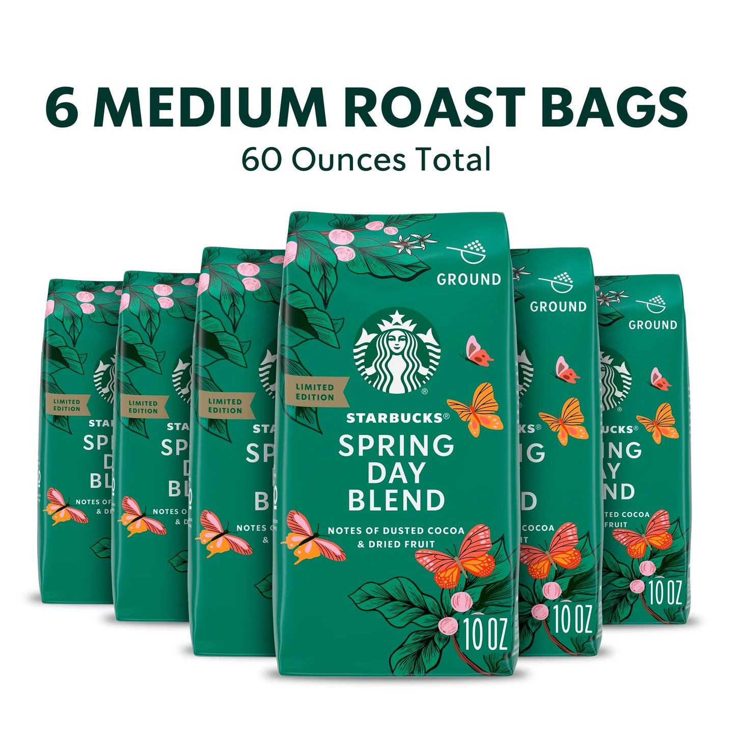 Starbucks Ground Coffee, Medium Roast, Spring Day Blend, 100% Arabica, 6 Bags, 10 Oz Each
