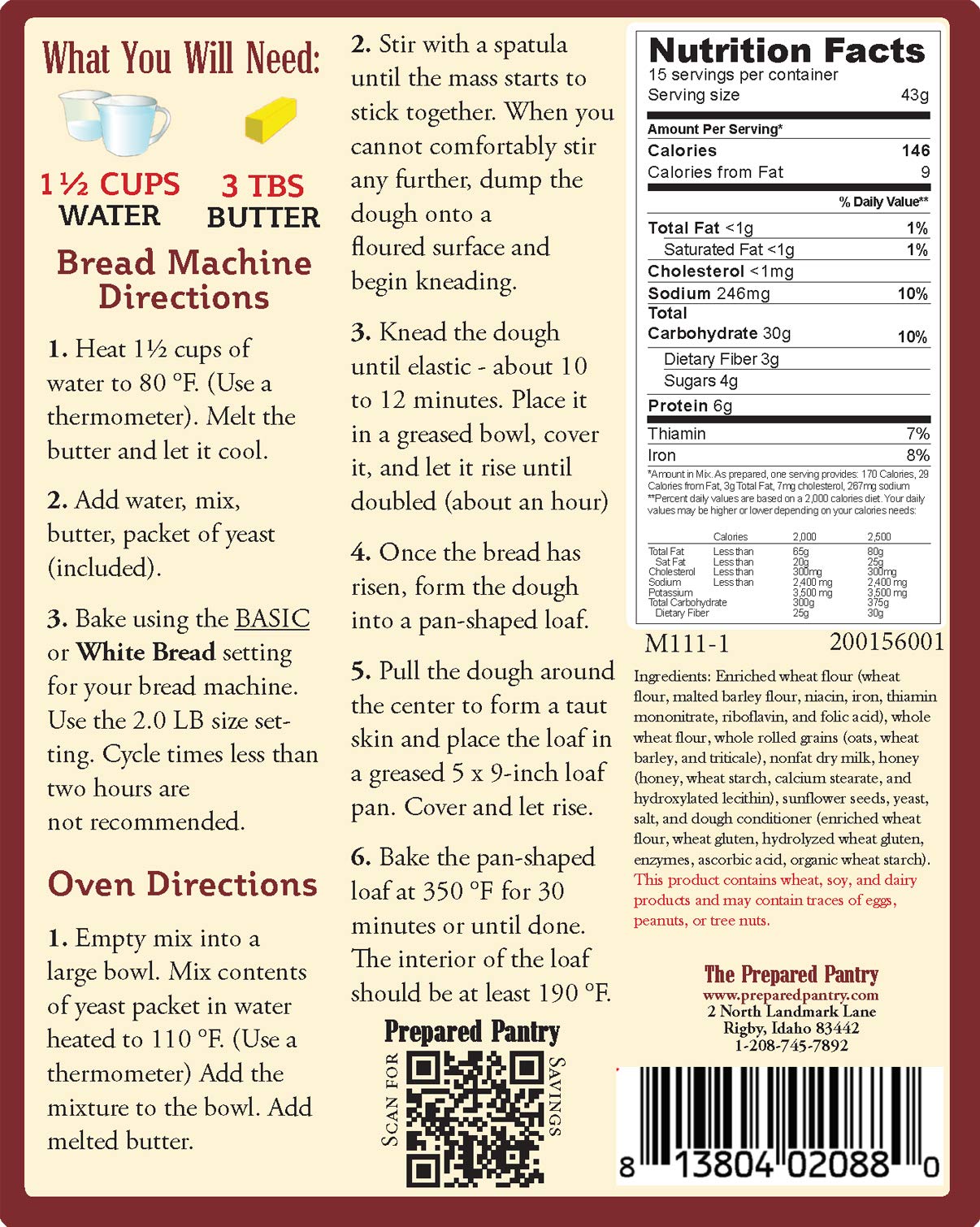 The Prepared Pantry Honey And Oat Bread Machine Mix, 22 Ounce