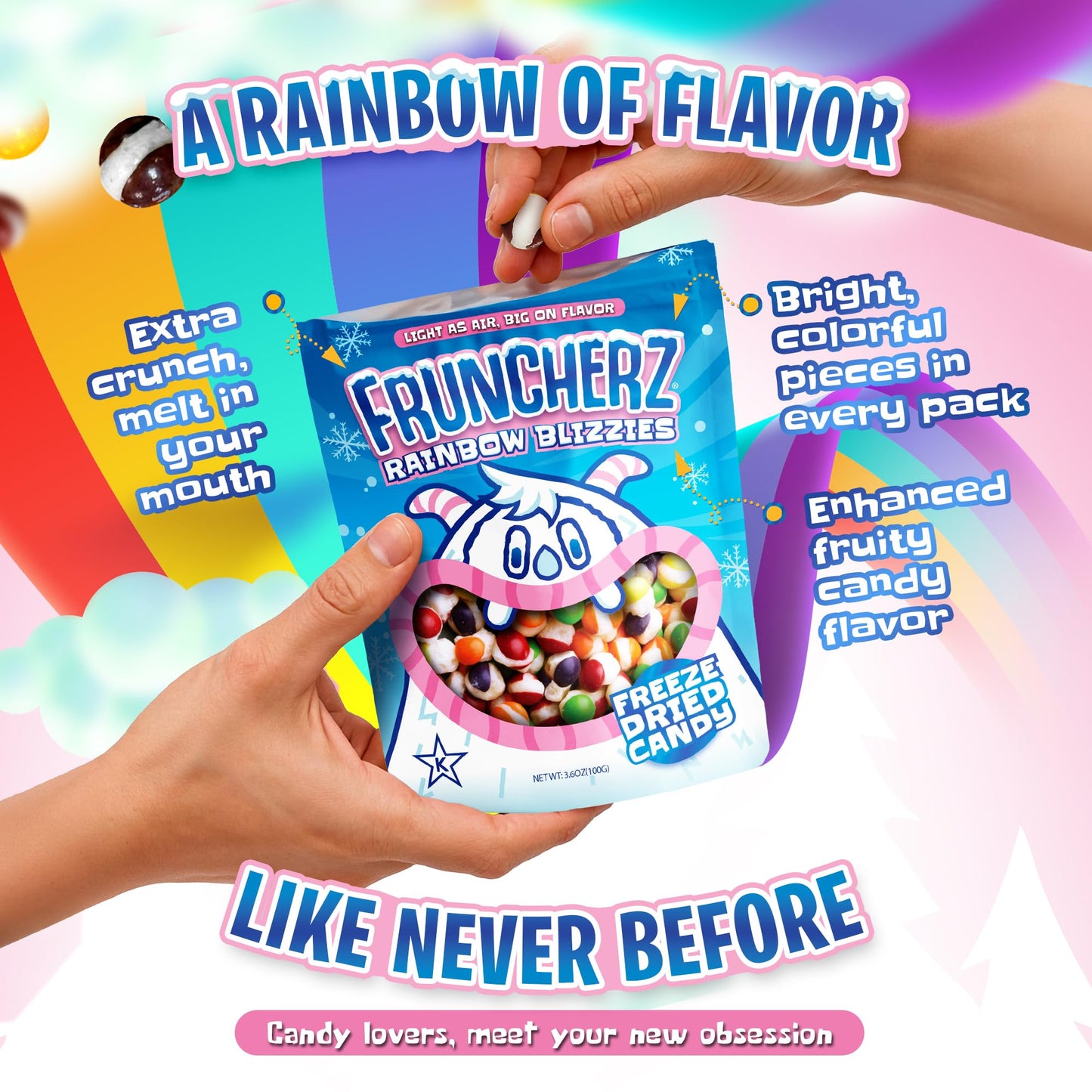 Fruncherz Freeze-Dried Rainbow Blizzies | Crunchy Fruity Candy | Gluten-Free | Resealable Bag | 5x7x3 inches