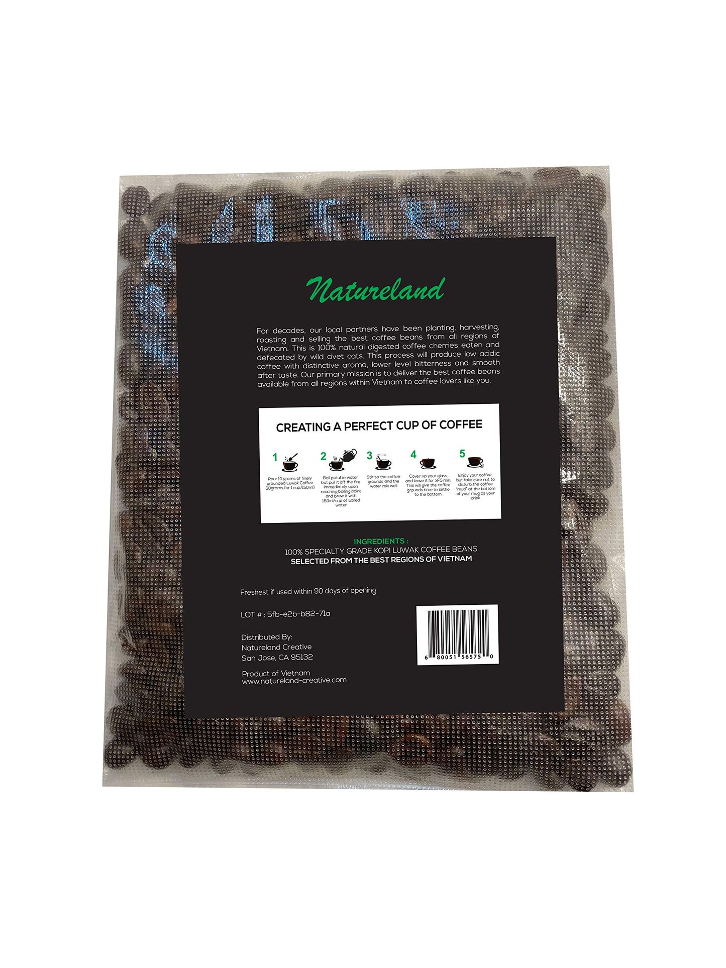 Natureland Wild Civet Arabica Coffee Whole Beans, Freshly Made Luxury Kopi Luwak Coffee Bean, Dark Roast Kopi Luwak Coffee Gifts, Produce In Best Regions Of Vietnam, 4Oz /113 Grams, Civet Coffee, Luxury Cat Poop Coffee.