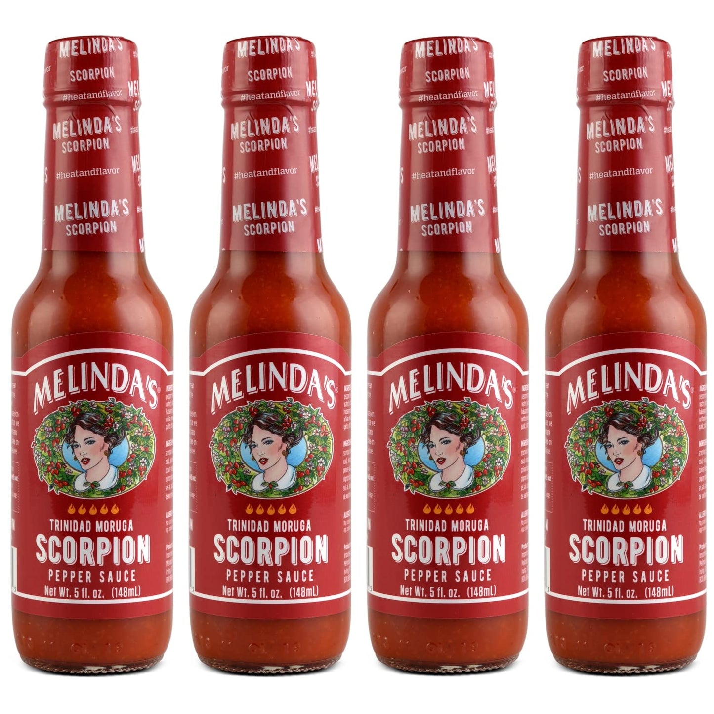 Melindas Scorpion Pepper Hot Sauce - Gourmet Hot Sauce with Trinidad Moruga Pepper, Keto, Vegan - 5oz, 4 Pack