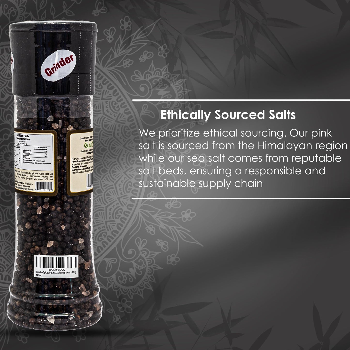 Buddha Spices Inc. Himalayan Pink Salt & Sea Salt with Black Peppercorns - 8oz (225g) Grinder