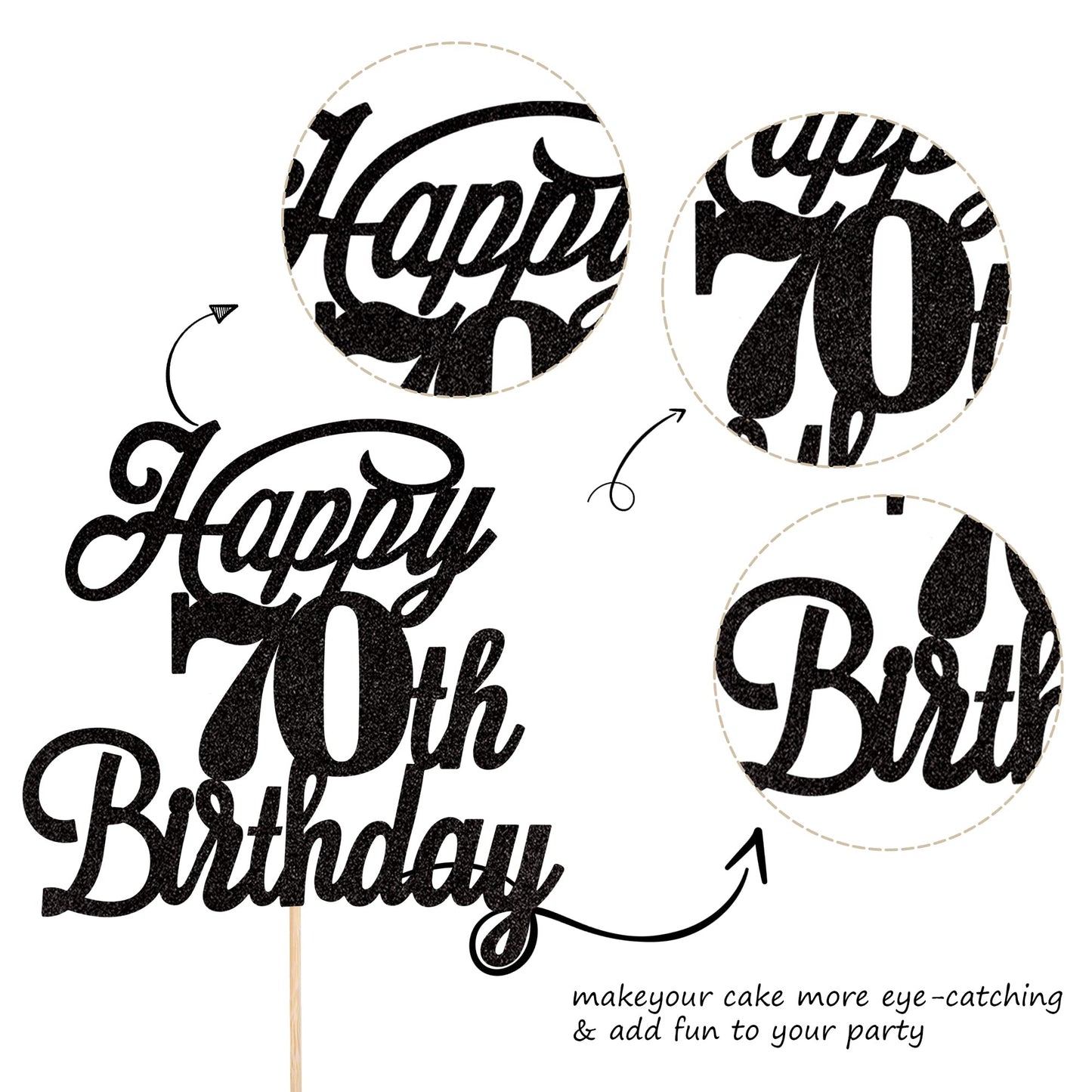 Rssta i Happy 70th Birthday Cake Topper Black Glitter, 70 & Fabulous, Paper, Model XM063-new-Black 70th