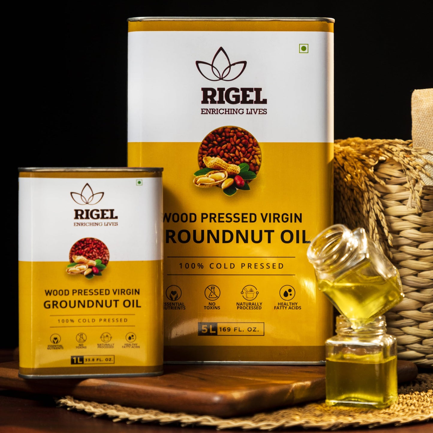 Rigel Spices Cold Pressed Peanut Oil, Eco-Friendly Tin, 33.8 fl oz (1L)