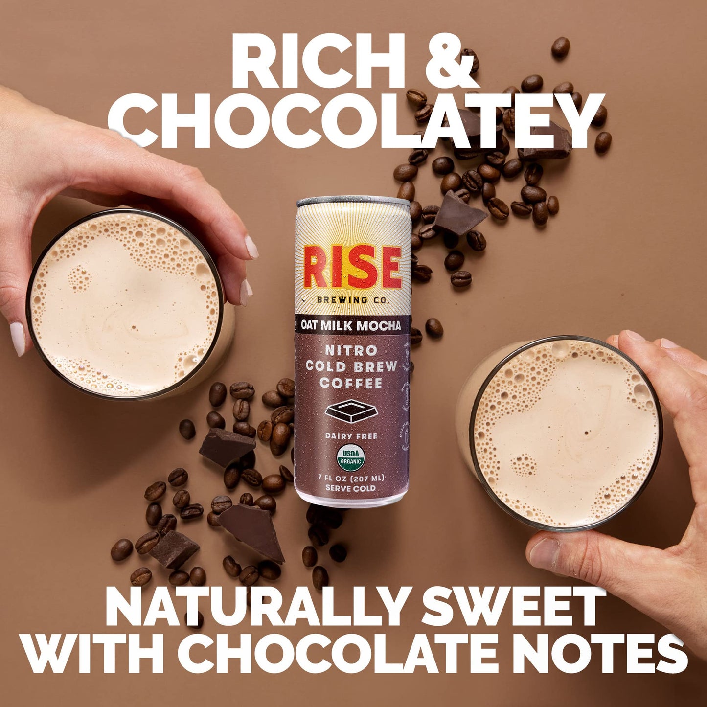 Rise Brewing Co. Oat Milk Mocha Nitro Cold Brew Latte, Vegan & Non-Dairy, Organic, Non-Gmo, Low Acidity, 7 Fl. Oz. Cans (12 Pack