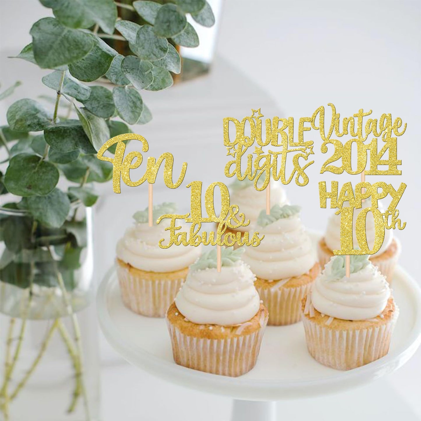 30Pcs Happy 10Th Birthday Cupcake Toppers Glitter Ten 10 Fabulous Vintage 2014 Cupcake Picks Cheers To 10 Years For 10Th Birthda