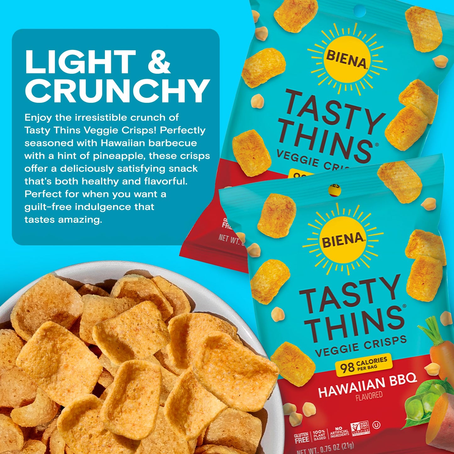 Biena Tasty Thins Veggie Crisps - Hawaiian Bbq, 0.75 Ounce (Pack Of 12) - Chickpeas & Veggies, Vegan, Gluten Free, Dairy-Free, N