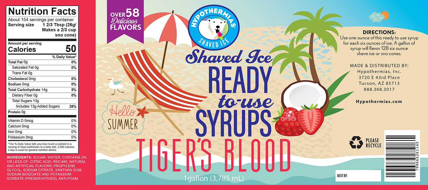 Hypothermias Tigers Blood Ready To Use Gallon (128 Fl. Oz) Hawaiian Snow Cone Flavors Syrup - Shaved Ice, 100% Pure Cane Sugar