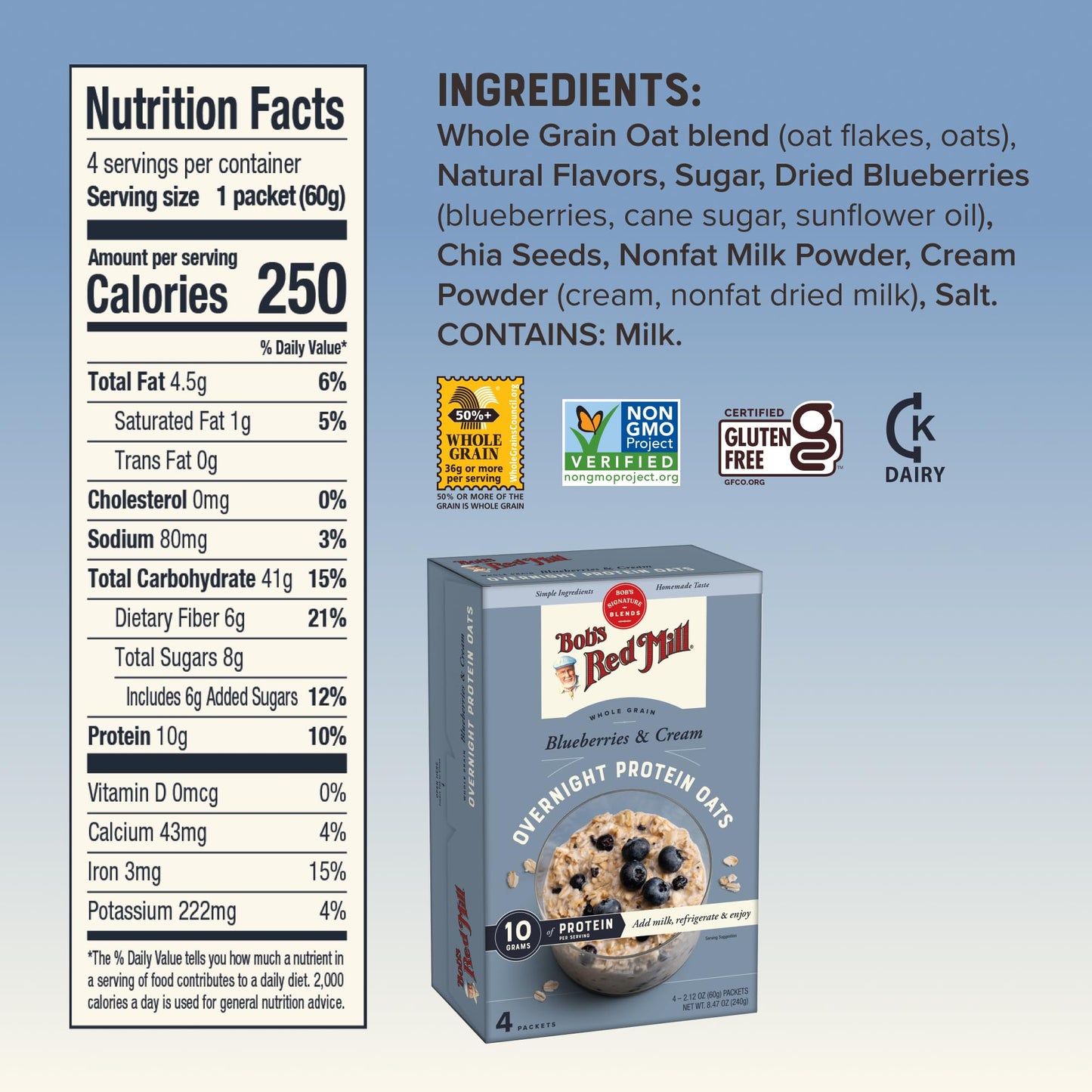 Bob s Red Mill Overnight Protein Oats, Blueberries & Cream, 16 Packets Total, Non-GMO, Gluten Free, Whole Grain