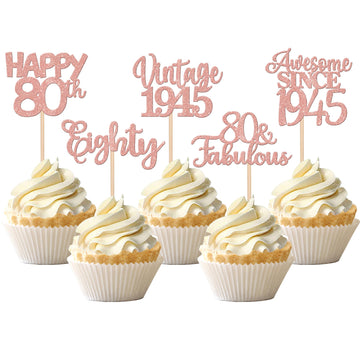 30Pcs Vintage 1943 Cupcake Toppers Glitter Eighty 80 Fabulous Happy 80Th Birthday Cupcake Picks Awesome Since 1943 Cake Decorati