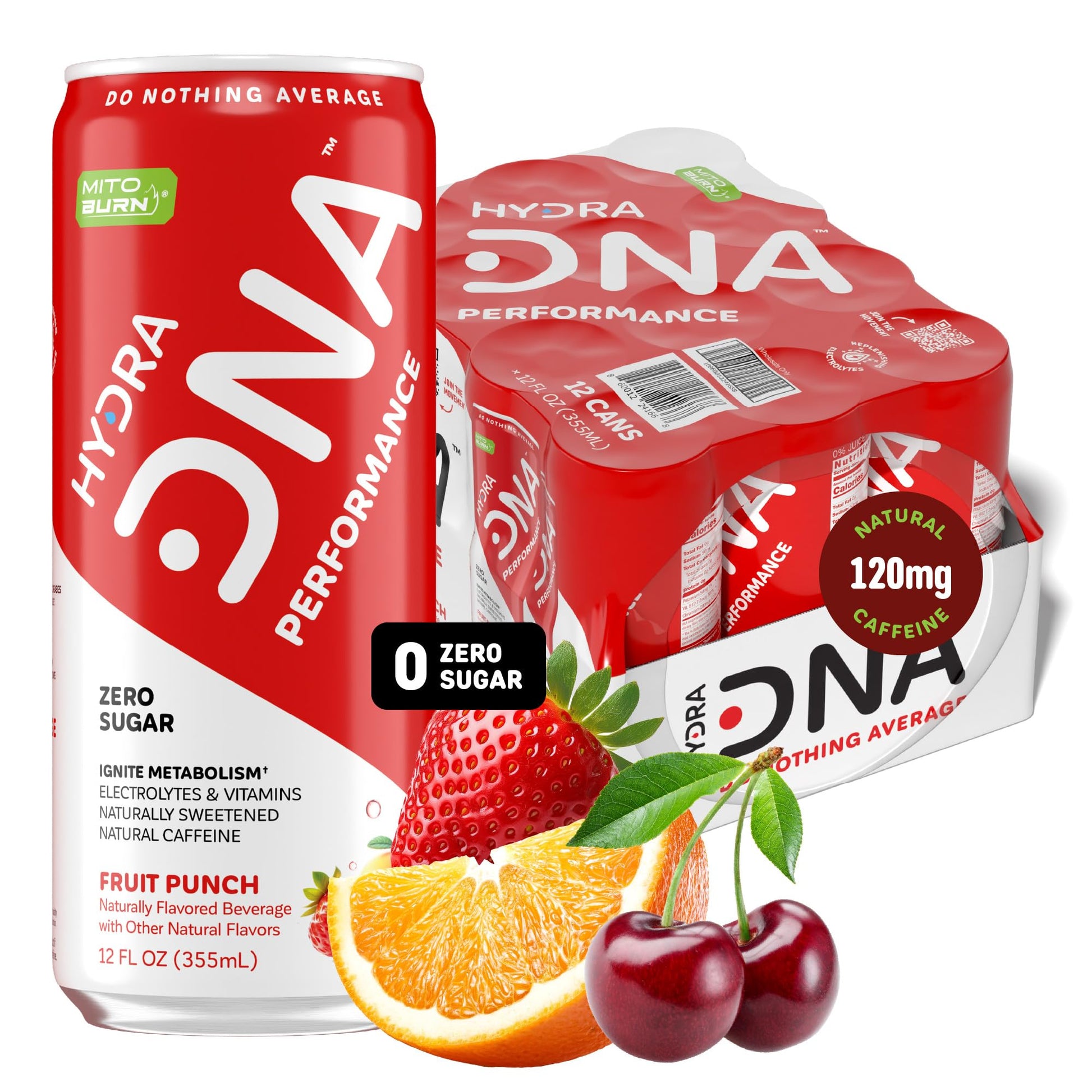 HYDRADNA Clean Performance Drink, Zero Sugar, 120 mg Organic Caffeine, Fruit Punch, 12 Fl Oz (Pack of 12)