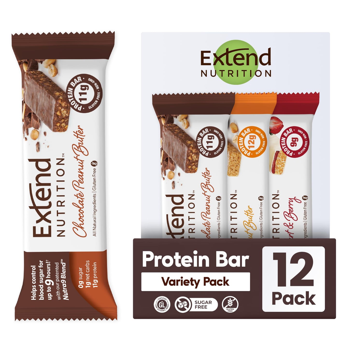 Extend Sugar Free Protein Bars, Perfect Diabetic Snacks, High Protein And Fiber, Hunger Control & Steady Energy, Low Carb, Keto Friendly (12 Count, Variety Pack)