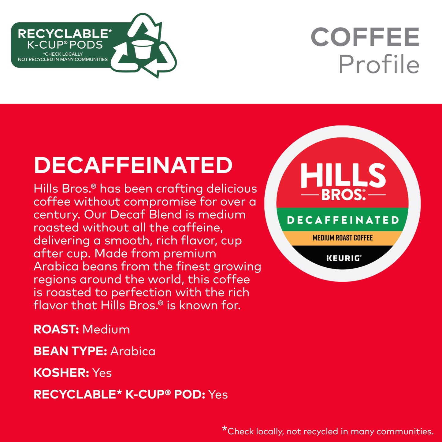 Hills Bros. Decaf Blend Keurig K-Cup Pods – Medium Roast, 12 Count, Kosher