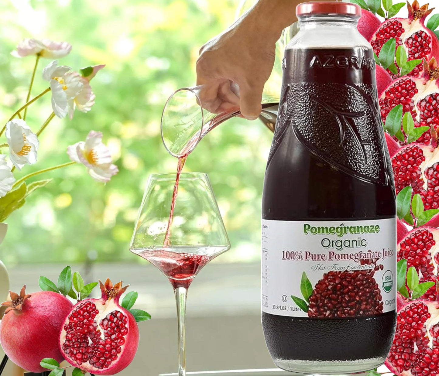 100% Organic Pomegranate Juice  33.8 Oz Glass Bottle (6 Pack) No Sugar  No Artificial Colors  No Preservatives  No Flavors Added  Gluten Free and Kosher