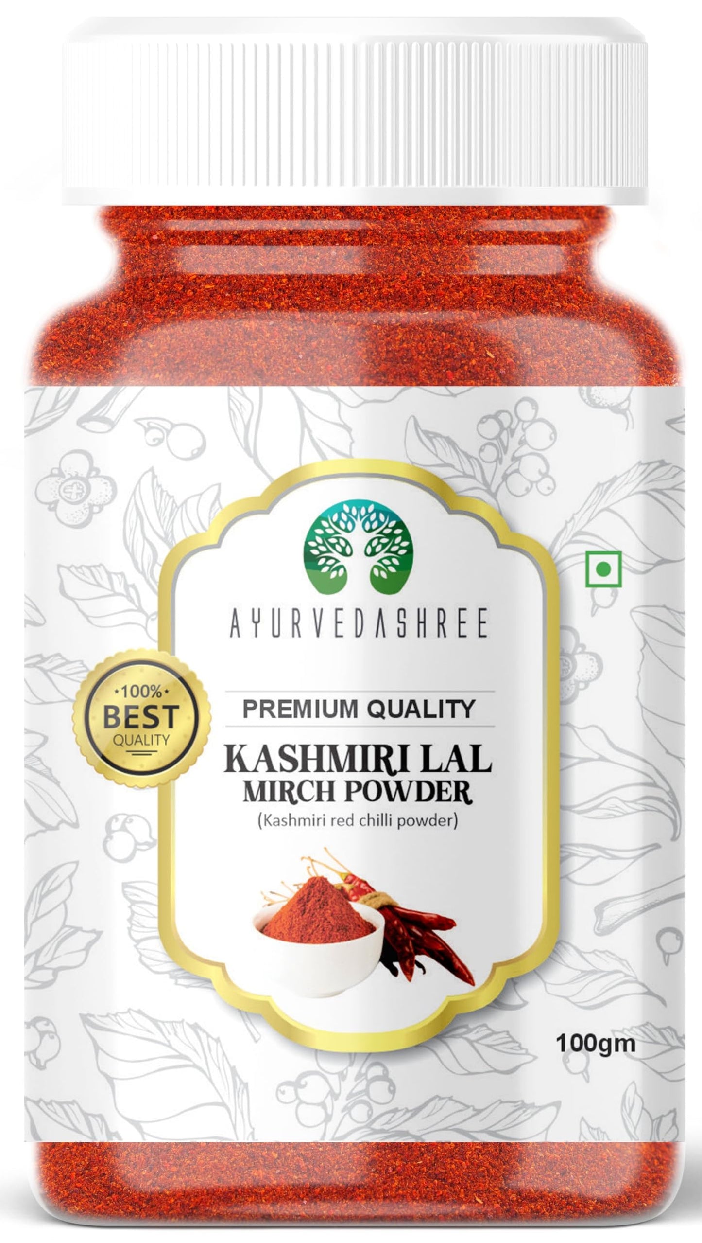 AYURVEDASHREE Kashmiri Chilli Powder (Deggi Mirch, Low Heat) Ground Indian Spice 100gm PET Jar | All Natural | Salt-Free | Vegan
