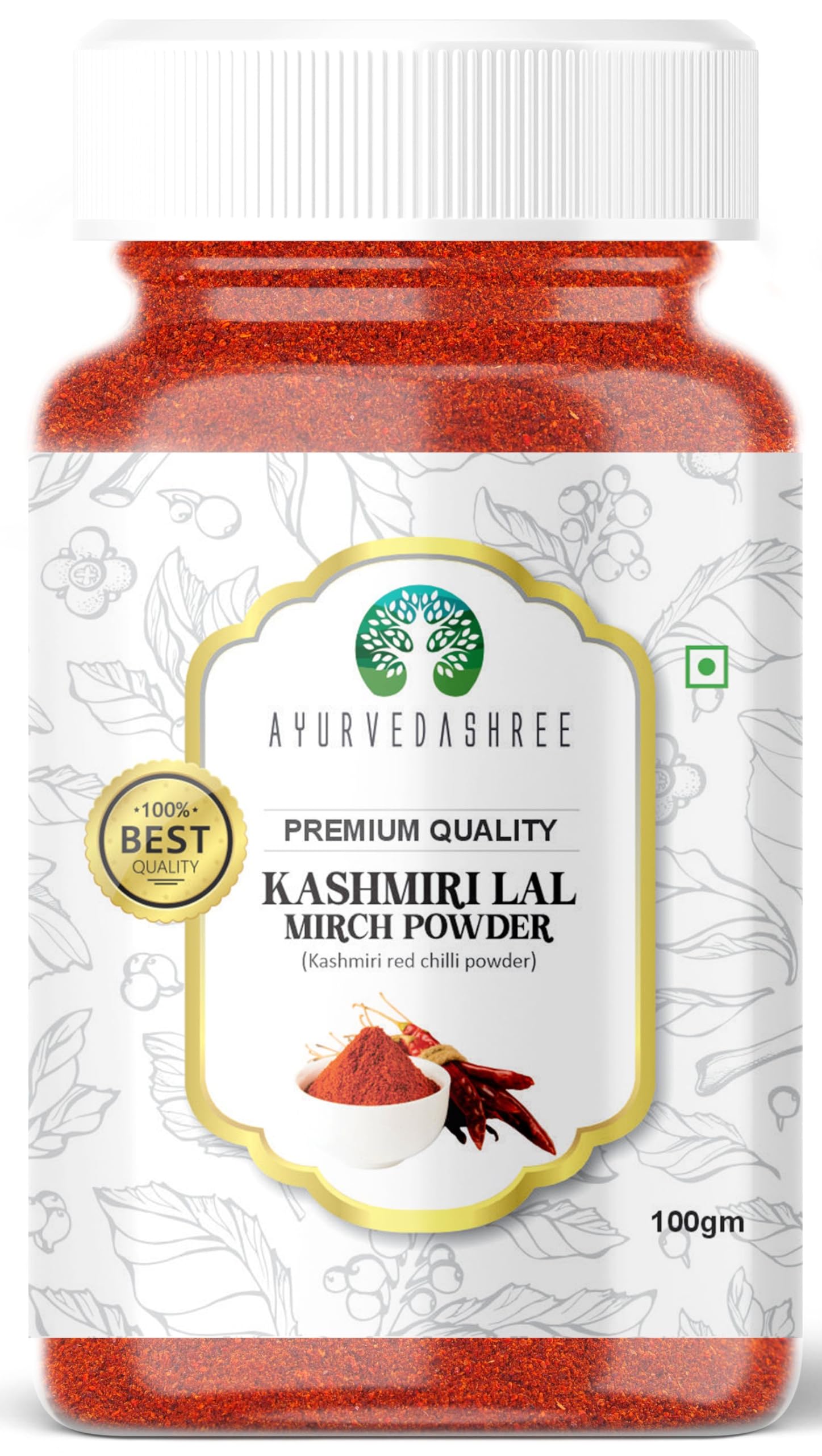 AYURVEDASHREE Kashmiri Chilli Powder (Deggi Mirch, Low Heat) Ground Indian Spice 100gm PET Jar | All Natural | Salt-Free | Vegan