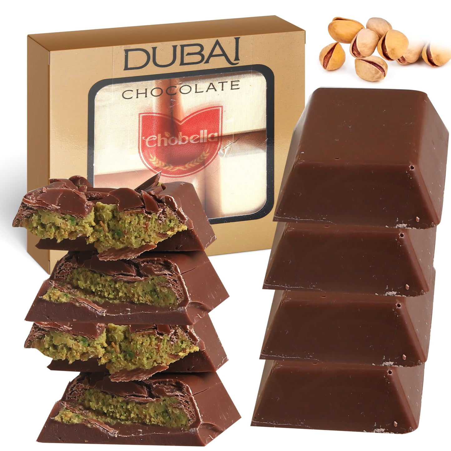 Chobella Chocolate Bar with Pistachio Cream and Kataifi Filling, 4 Pieces Boxed, Milk Chocolate, Total 80g (2.82 oz)