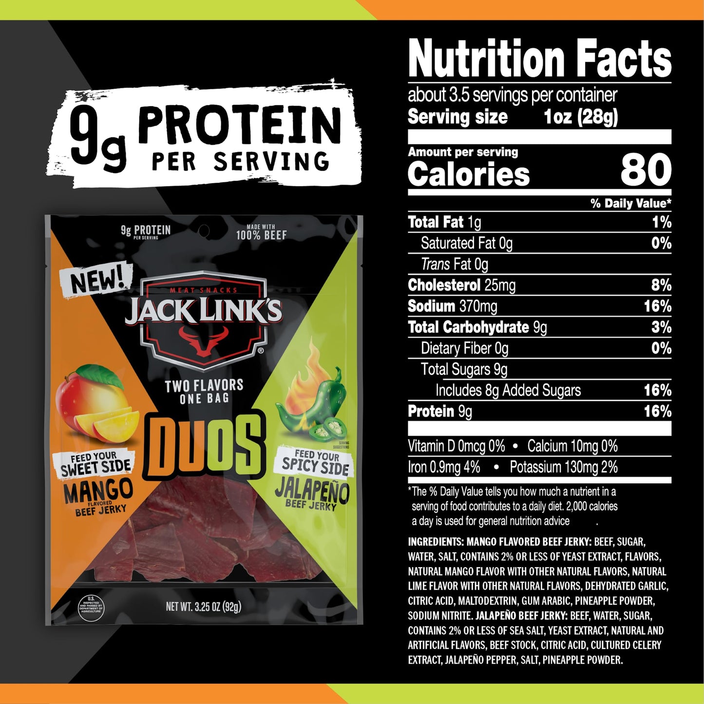Jack Link s DUOs Jalapeo and Mango Beef Jerky, Shareable Under 100 Calories Snack Packs with 9g of Protein, Bulk Pack of Indivi