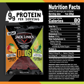 Jack Link s DUOs Jalapeo and Mango Beef Jerky, Shareable Under 100 Calories Snack Packs with 9g of Protein, Bulk Pack of Indivi