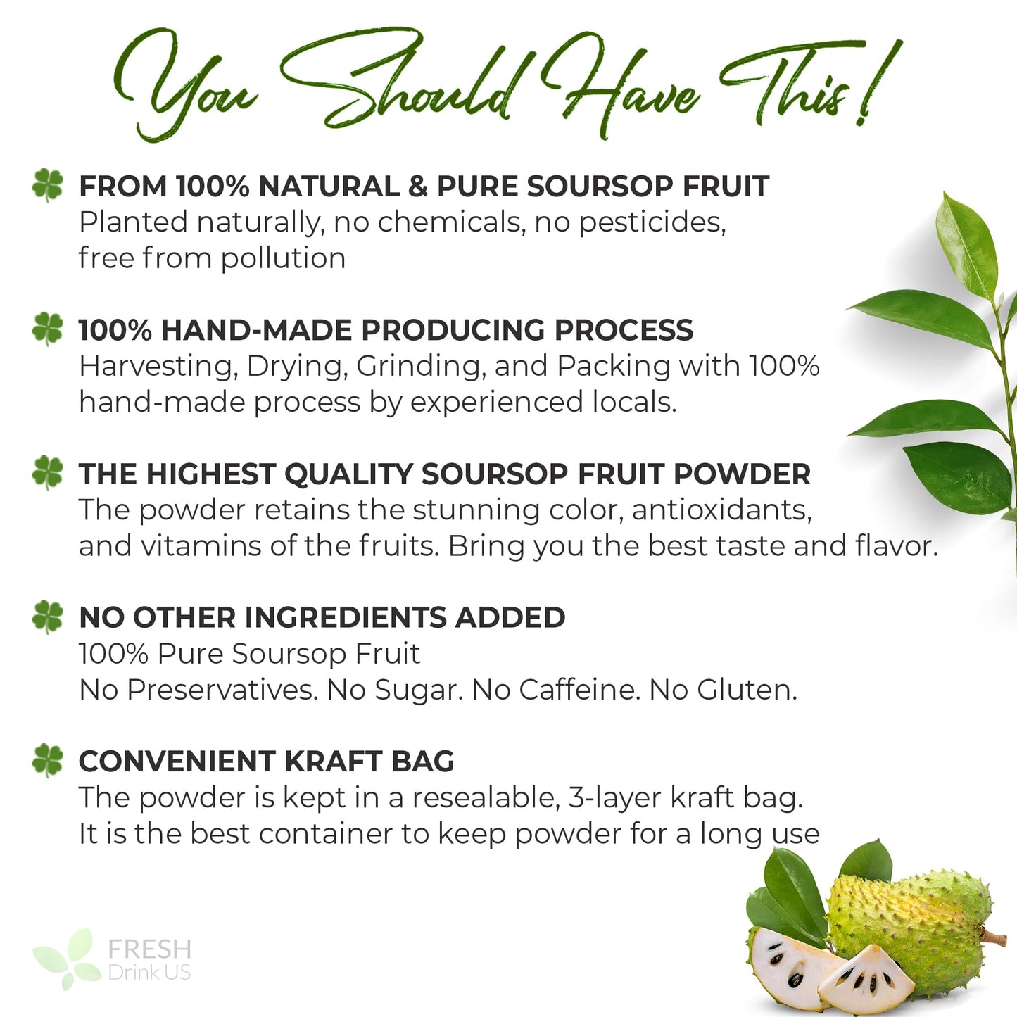 FRESHDRINKUS Soursop Fruit Powder, 100% Natural, Vegan, 1oz, No Additives, Gluten-Free, Handmade
