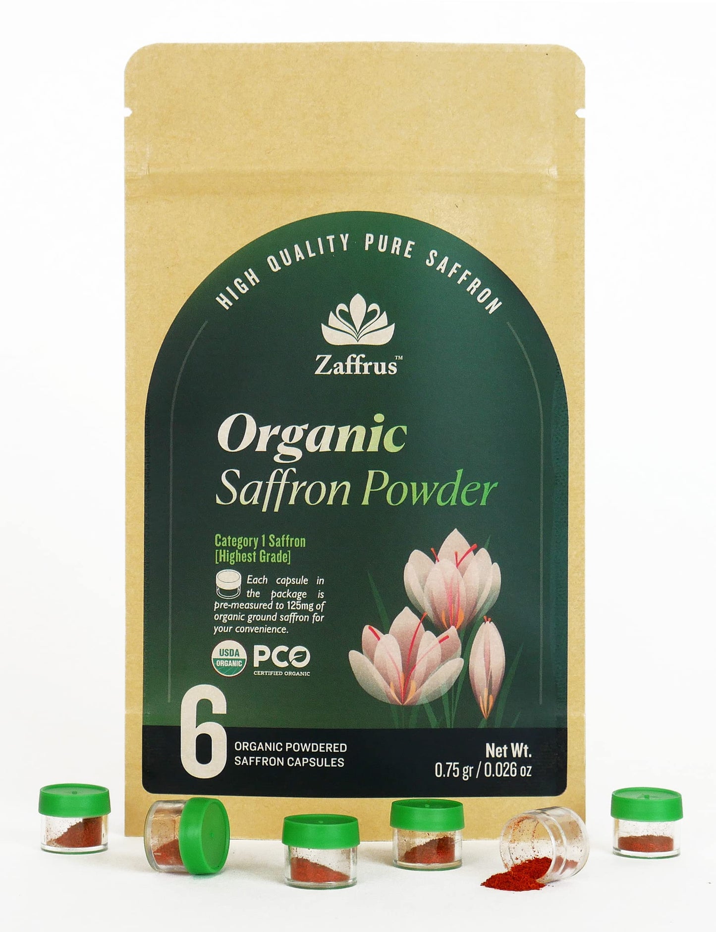 Zaffrus Organic Saffron Powder for Cooking - 6 Count (0.75g each)