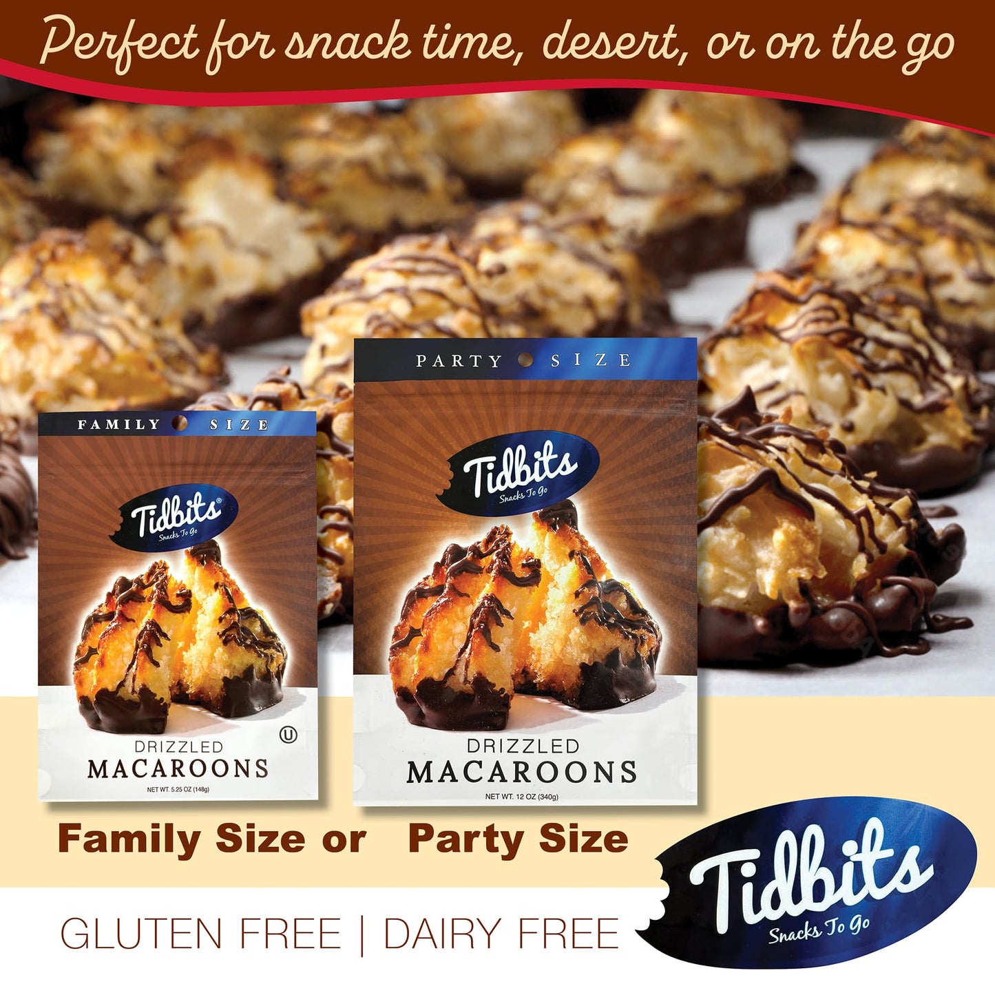 Tidbits Snacks To Go Chocolate Drizzle Macaroons - 5.25 Oz. Family Size, Gourmet Gluten-Free Snack Treats, Delicious Vegan Dairy