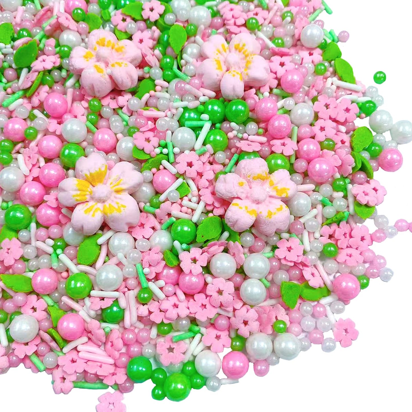 Sentovac Pink Flowers Sprinkles Edible Spring Green Peals Sprinkles For Cake Decorating Candy Cupcake Cake Topper Cookie Baking