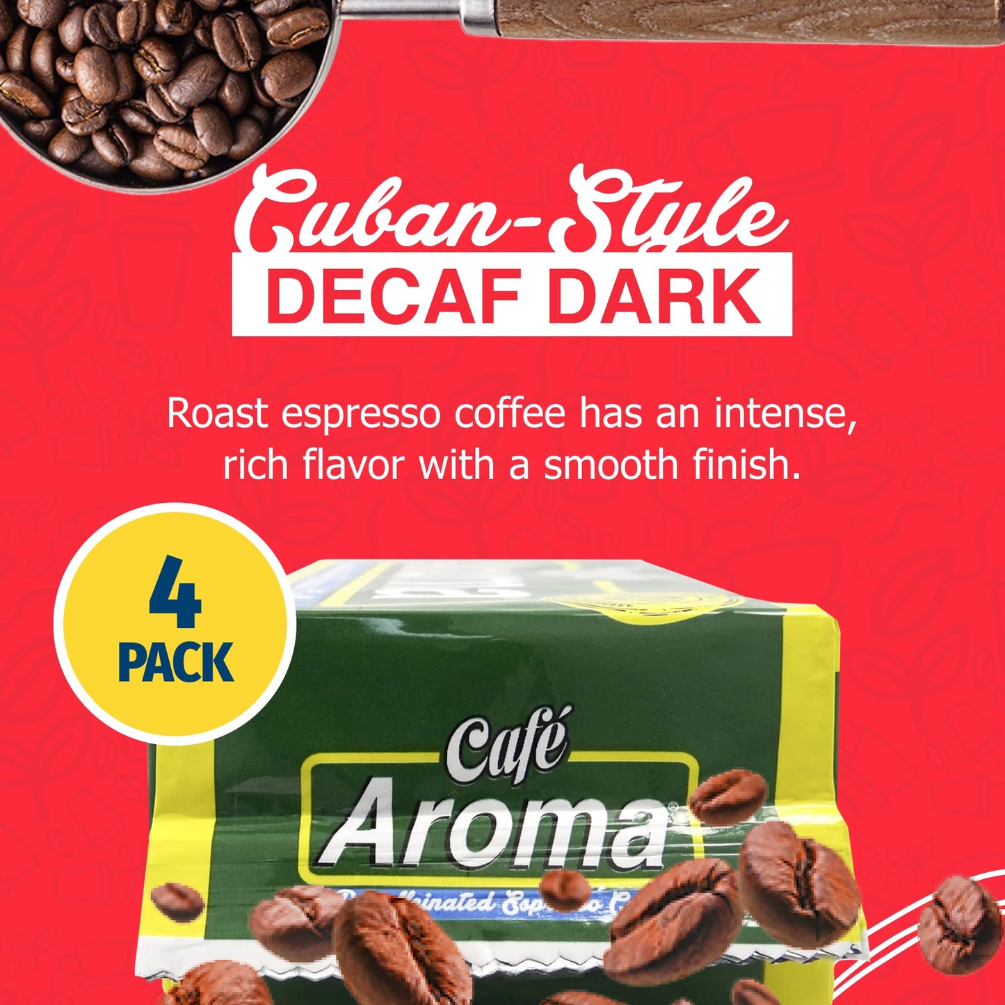 CAFE AROMA Decaf Dark Roast Espresso Ground Coffee, Cuban Style, Vacuum Sealed, 8.8oz, 4-Pack