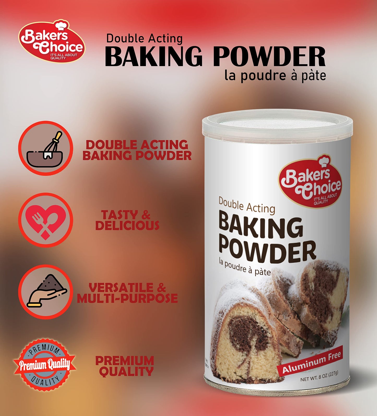 Bakers Choice Double Acting Baking Powder - Aluminum Free, Vegan, Vegetarian, 8 oz.