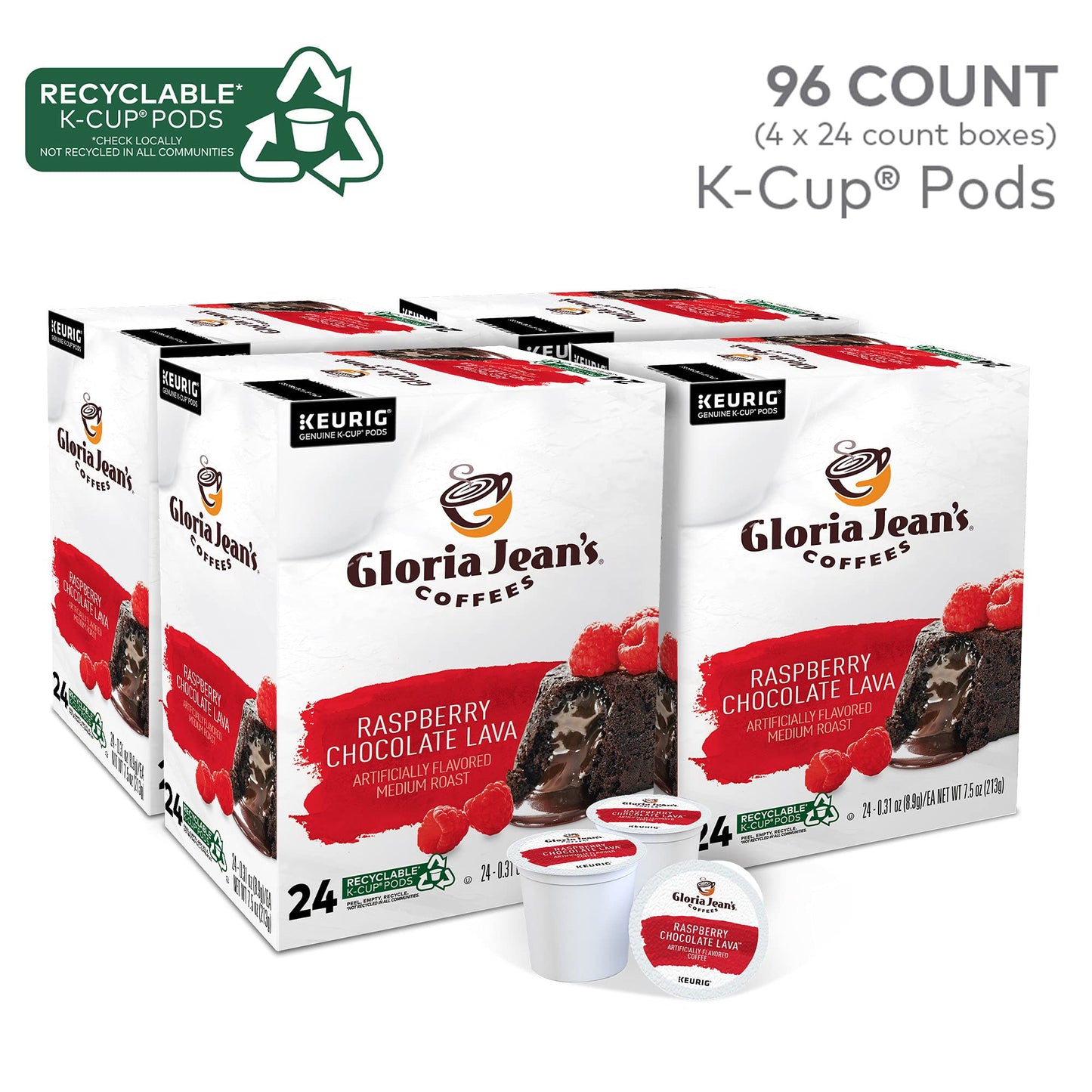 Gloria Jean'S Raspberry Chocolate Lava Keurig Single-Serve K-Cup Pods, Medium Roast Coffee, 96 Count (4 Packs Of 24)