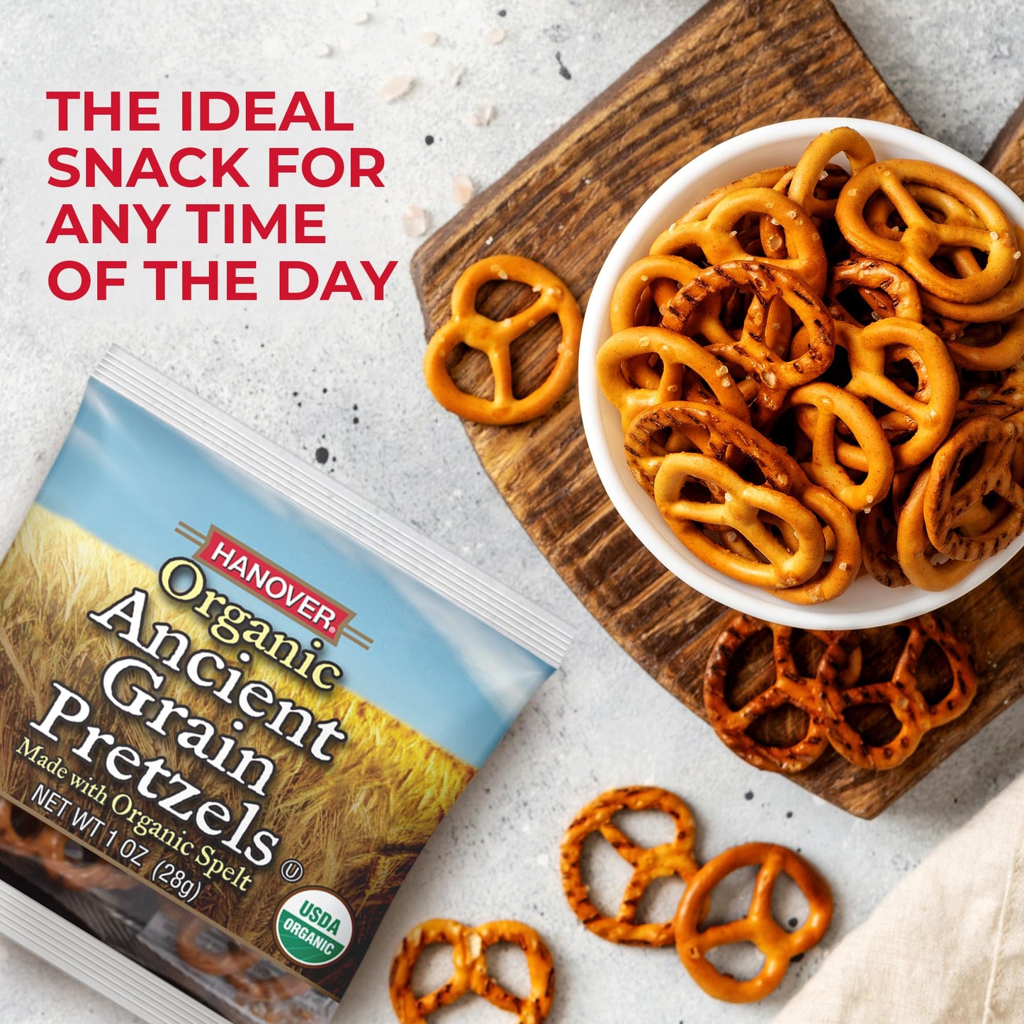 Hanover Organic Ancient Grain Spelt Pretzels, Low Fat, Kosher, Non-GMO, Sea Salt, Mini Packs, 1 Ounce, 24 Count