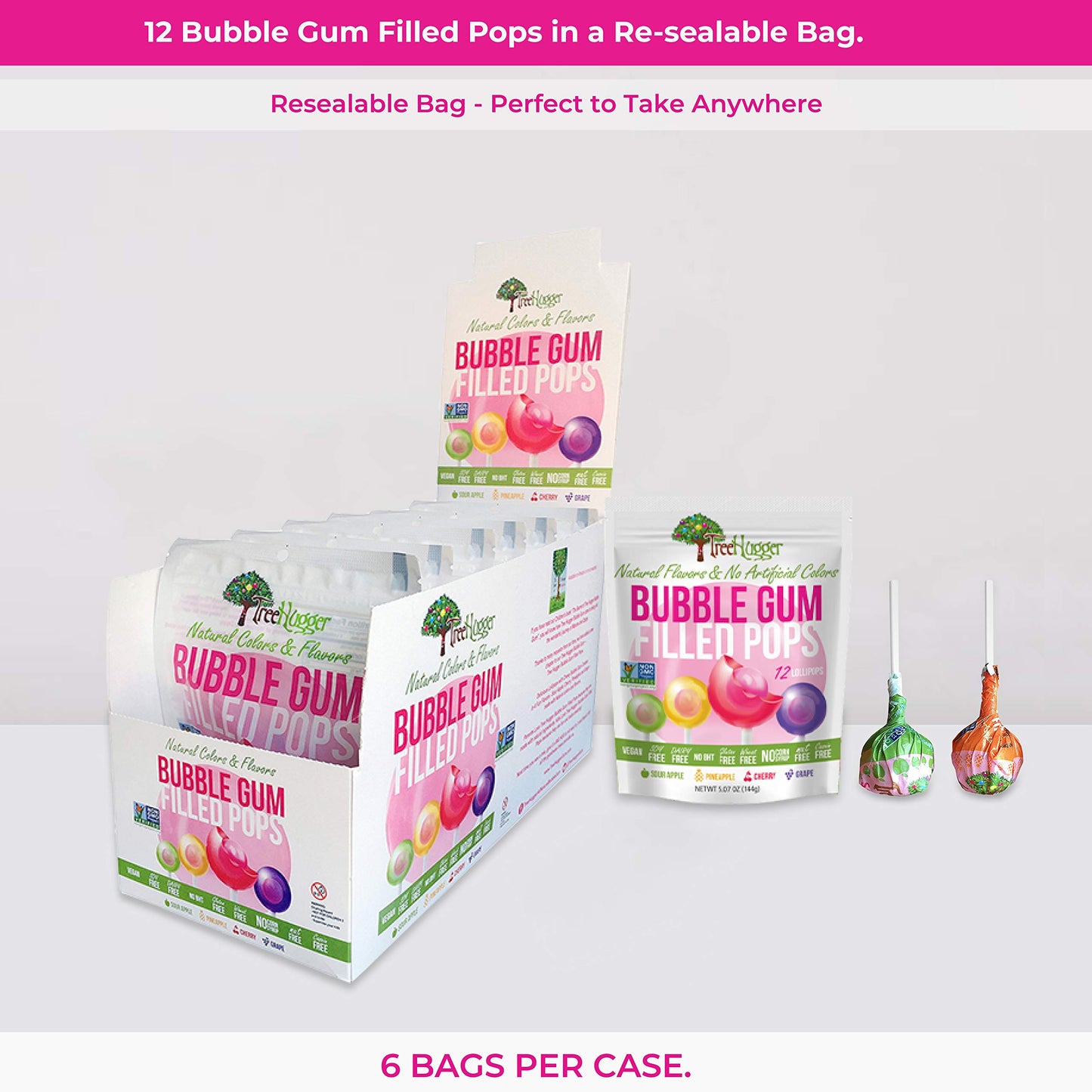 Tree Hugger Bubble Gum Filled Pops In Stand Up Resealable Bags, 6 Bags (12 Pops Per Bag).