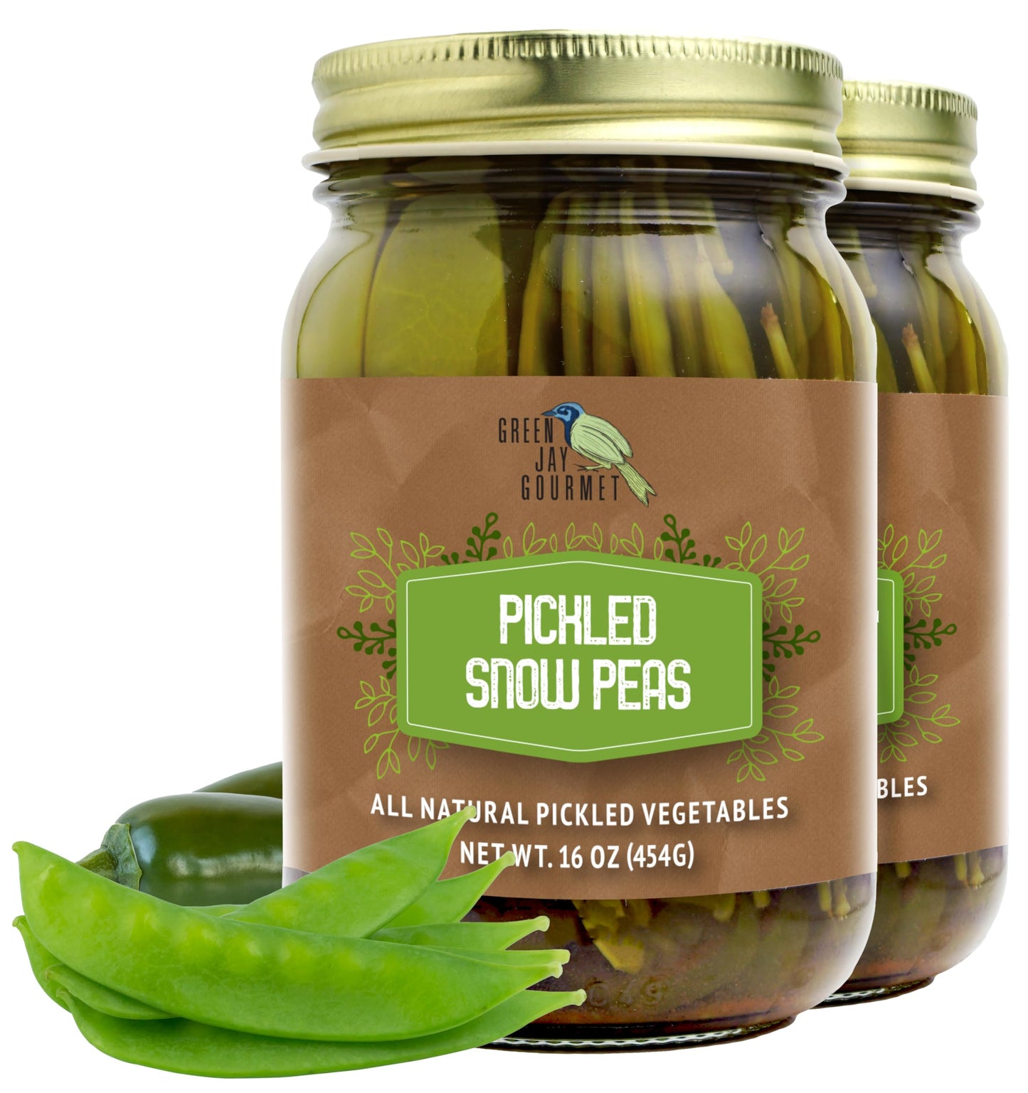 Green Jay Gourmet Pickled Snow Peas - Fresh Hand Jarred Vegetables, 32 oz (Pack of 2)