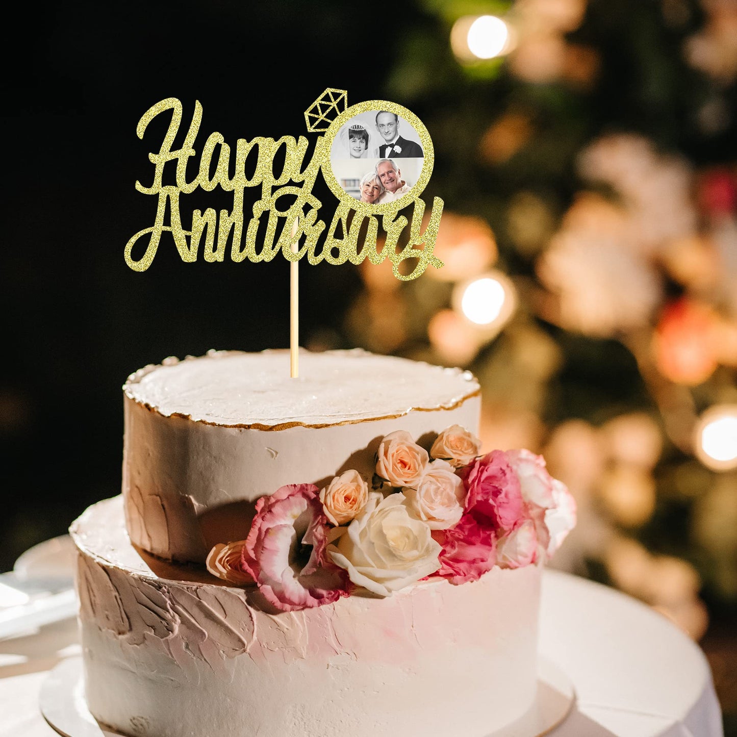 Sumerk Gold Glitter Anniversary Cake Topper - 13 PCS, Medium, Wood, Happy Anniversary Decorations