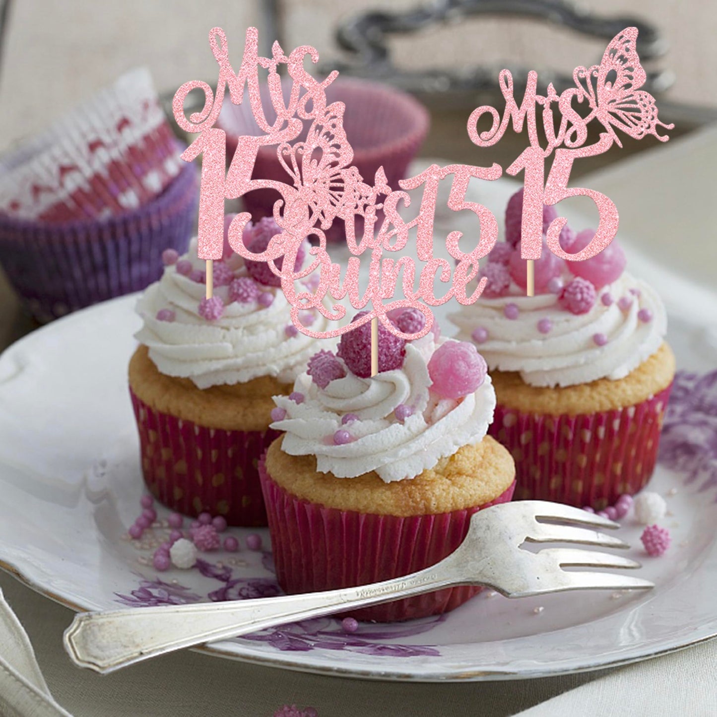 Rssta i Cupcake Toppers 24 Pack Glitter Picks for 15th Birthday Party, Pink
