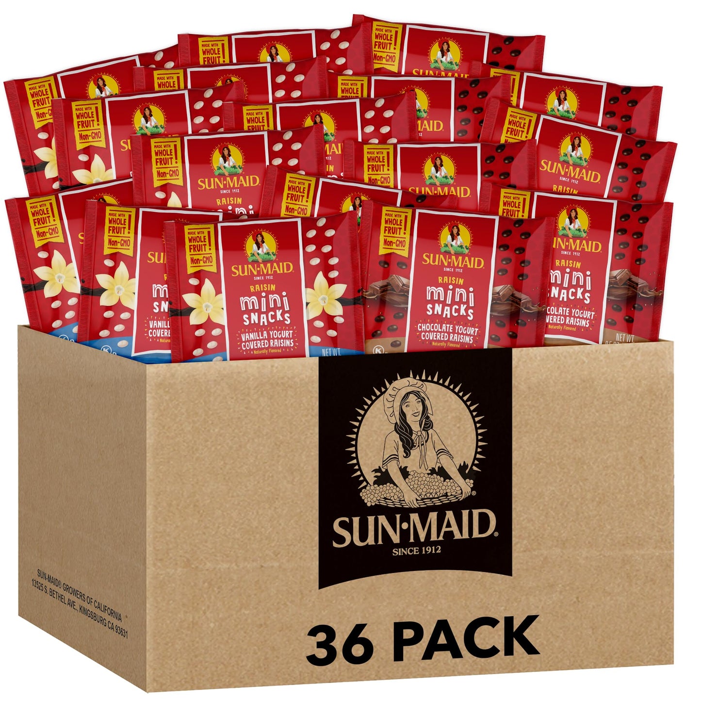 Sun-Maid Vanilla & Chocolate Yogurt Coated Raisins Variety Pack - (36 Pack) 0.5 oz Mini Snack-Size Bag - Yogurt Covered Dried Fruit for Lunches and Back to School Snacks (large online retailer limited availability)