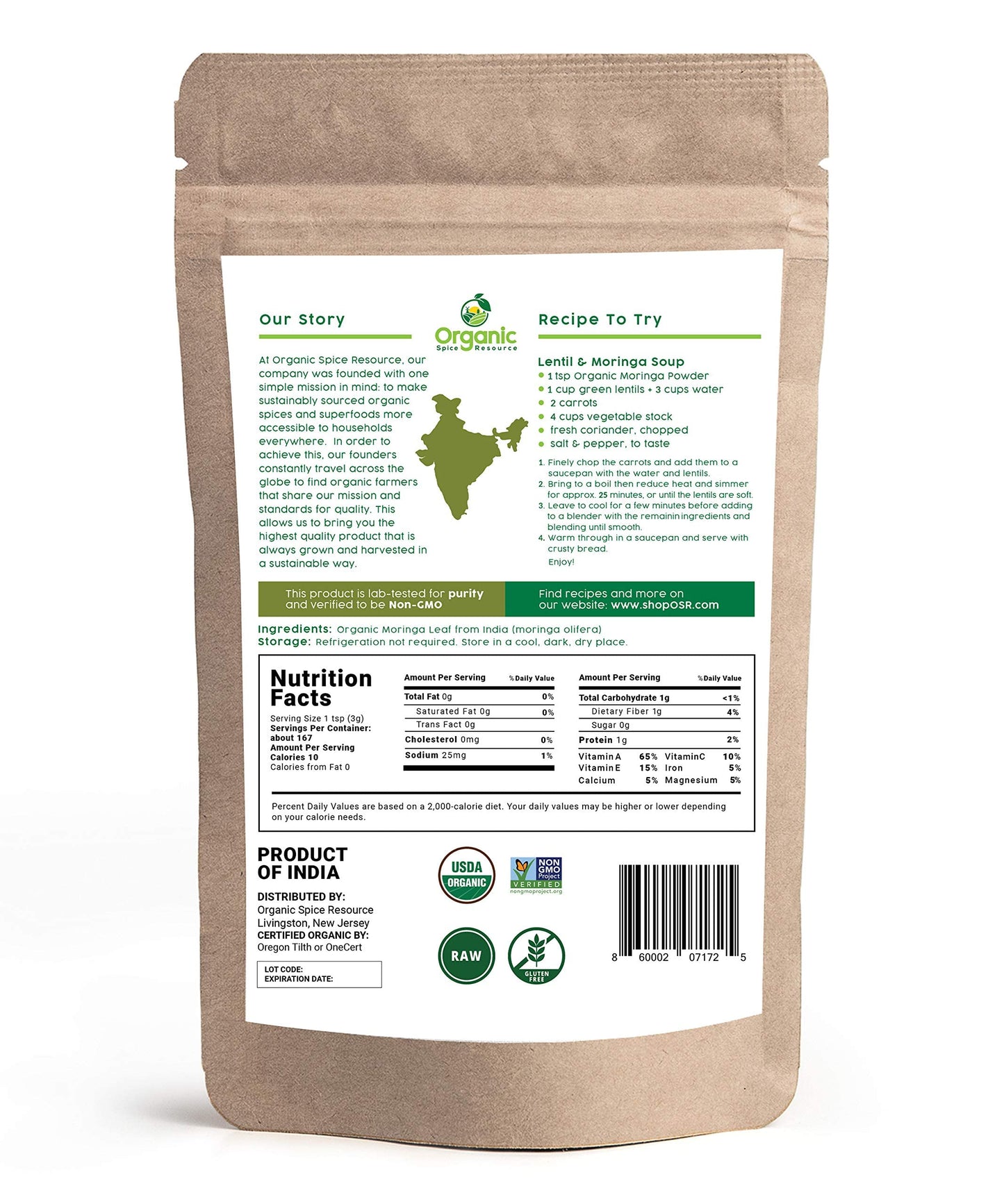 Organic Moringa Powder - 1.10 Lbs (17.64 Oz)  Usda Organics, Non-Gmo, Kosher, Halal, Moringa Olifera Powder - 100% Raw And Natur