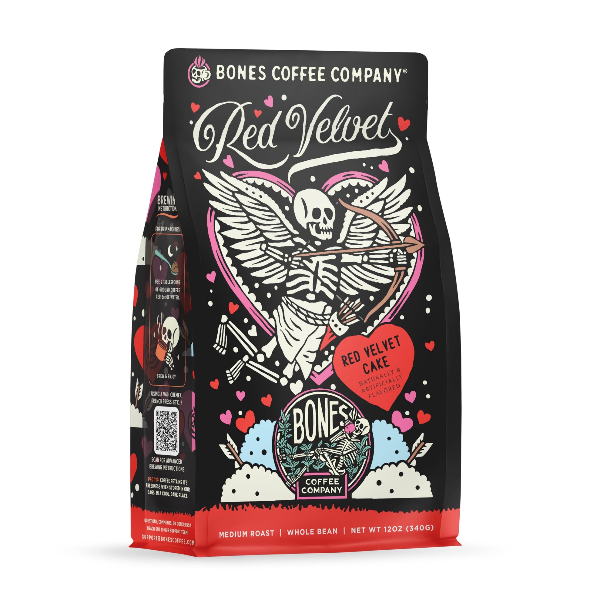 Bones Coffee Company Red Velvet  Red Velvet Cake Flavored Coffee  Medium Roast Low Acid Arabica Beans Compatible With Auto Drip And French Press Coffee Maker  12 Oz Whole Bean