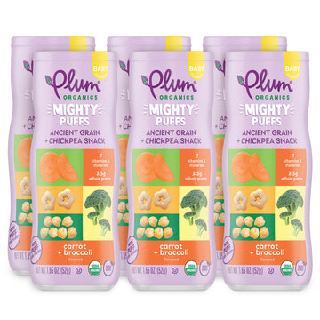 Plum Organics Mighty Puffs Organic Baby Food - Carrot And Broccoli - 1.85 Oz Canister (Pack Of 6) - Ancient Grains And Chickpea 