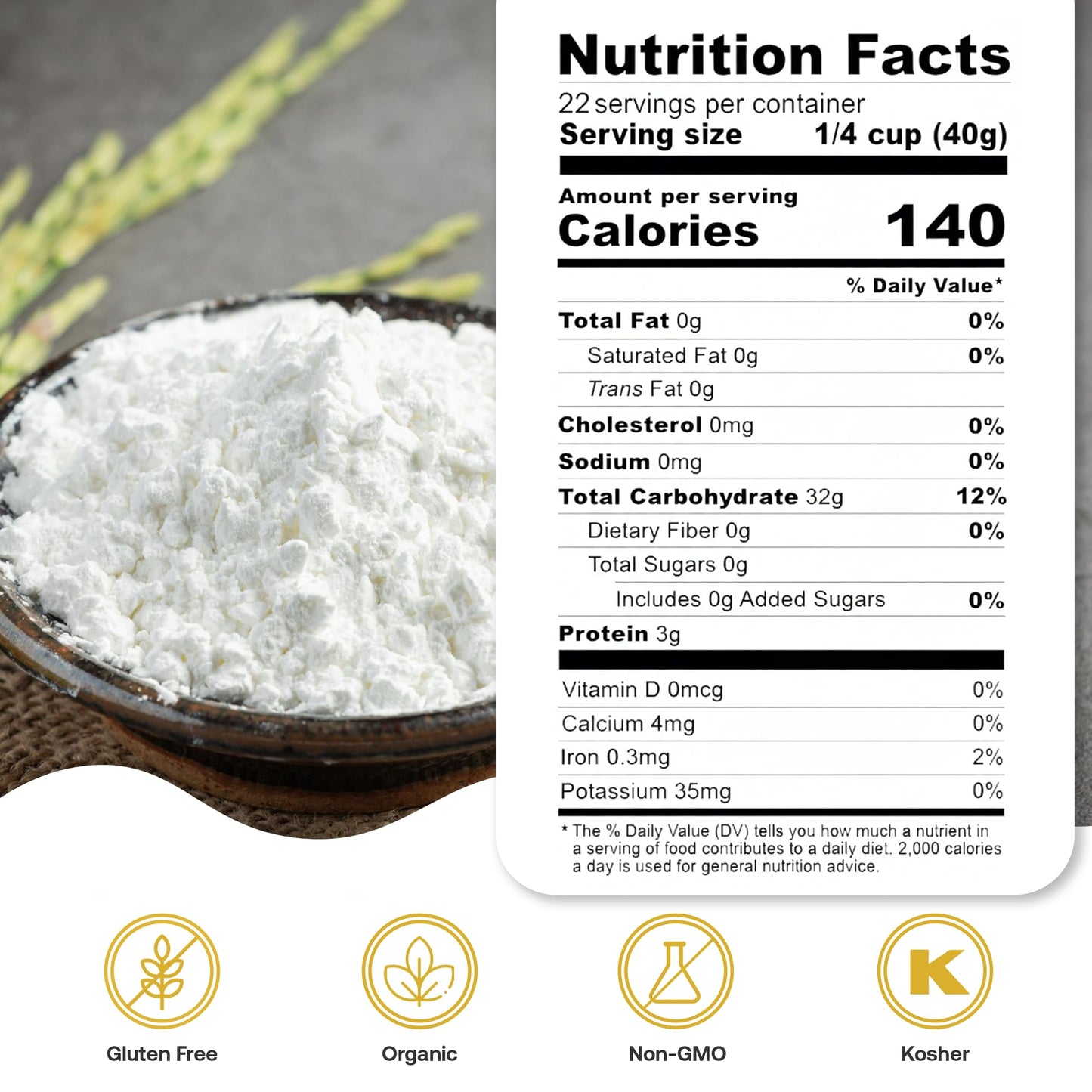 Quay Naturals Organic White Rice Flour, 2 lb, Finely Milled for Baking & Cooking - Gluten Free, Non GMO