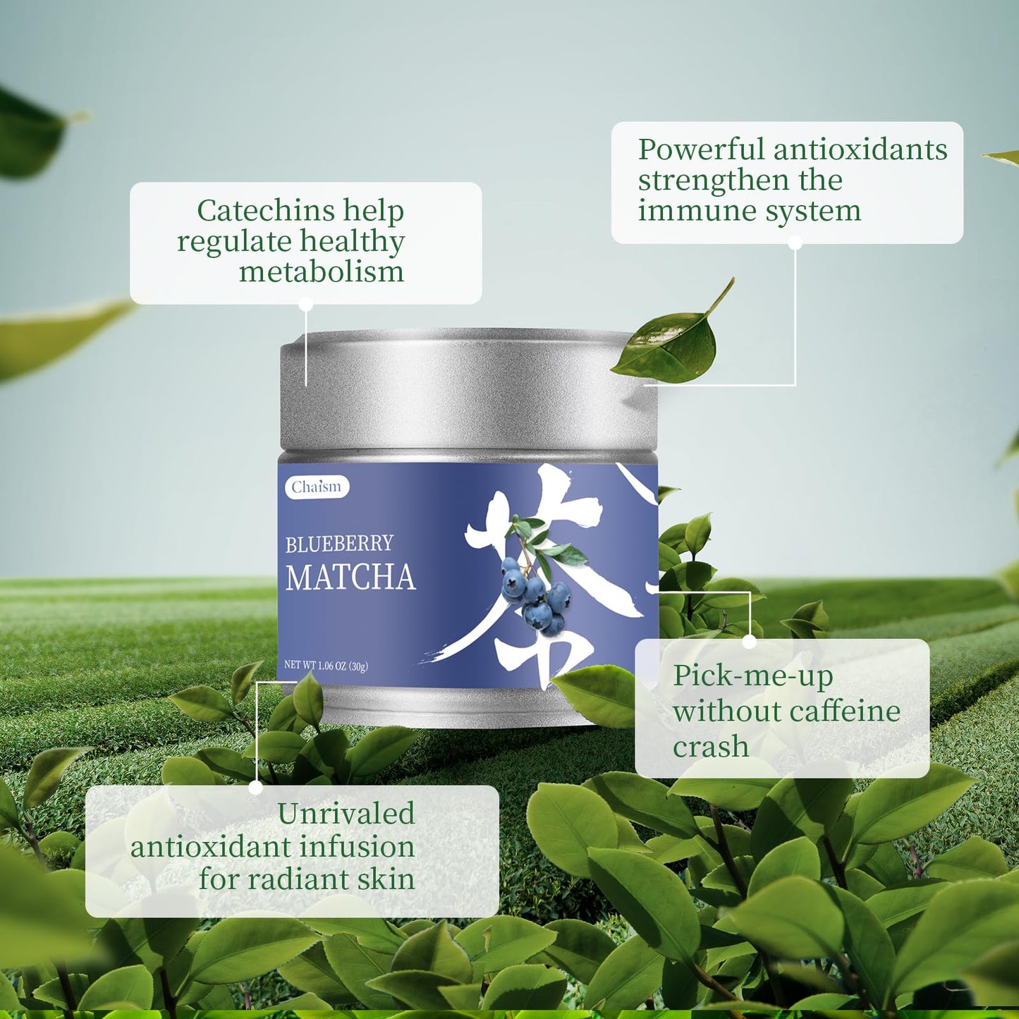 Chaism Blueberry Matcha Latte Mix - enhanced Matcha Green Tea Powder Gluten-Free Vegan  1.06oz Tin