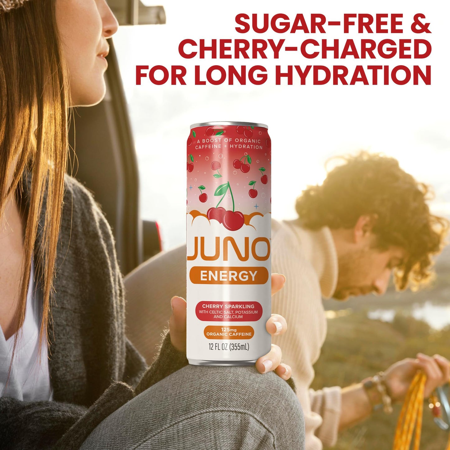 JUNO ENERGY Organic Cherry Sparkling Drink - Sugar Free Electrolytes  Energizing and Hydrating with 125mg Organic Caffeine from Green Coffee Beans  Organic Monk Fruit  Organic Sour and Black Cherry Juice & Electrolytes - Vegan  Gluten Free  12 Pack