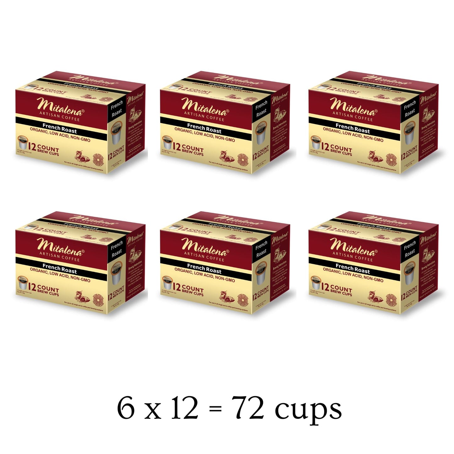 Mitalena Gourmet Coffee French Roast Organic Coffee Pods, Dark Roast, Low Acid, 72 Cups