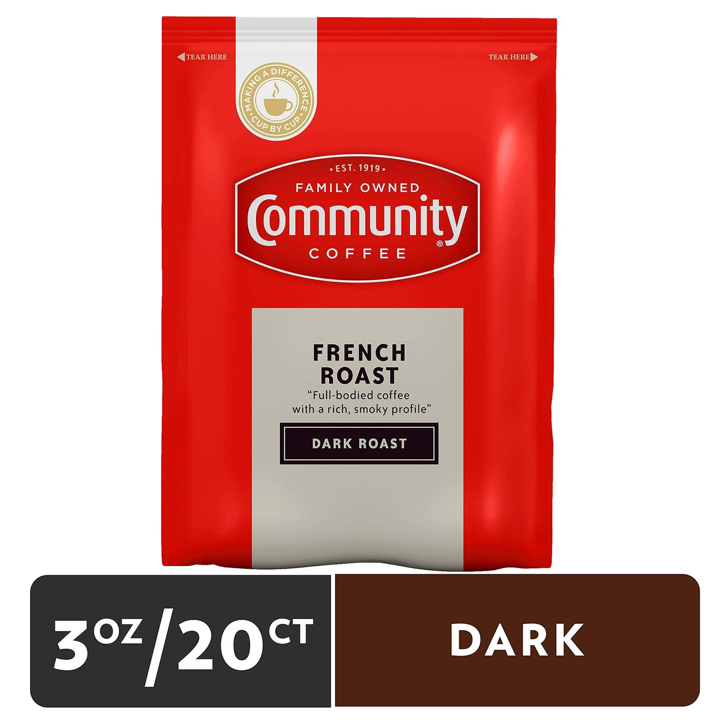Community Coffee French Roast, Dark Roast Pre-Measured Coffee Packs, 3.0 Ounce Each (Box Of 20)