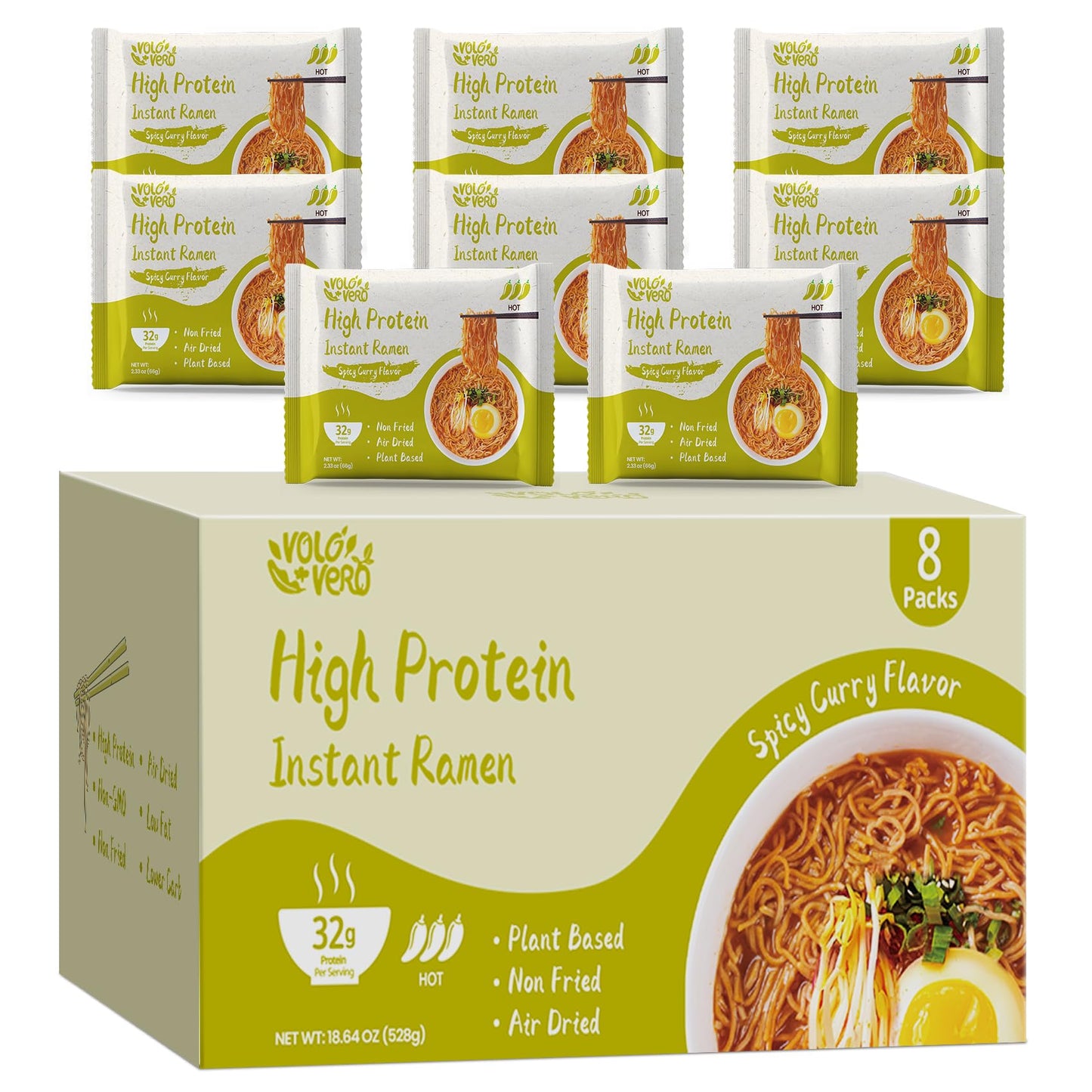 VOLO VERO High Protein (32g) Instant Ramen Noodles Spicy    Curry Flavor Soup, 8 Pack, Vegan, Plant-Based, Low Fat, Non-Fried, D