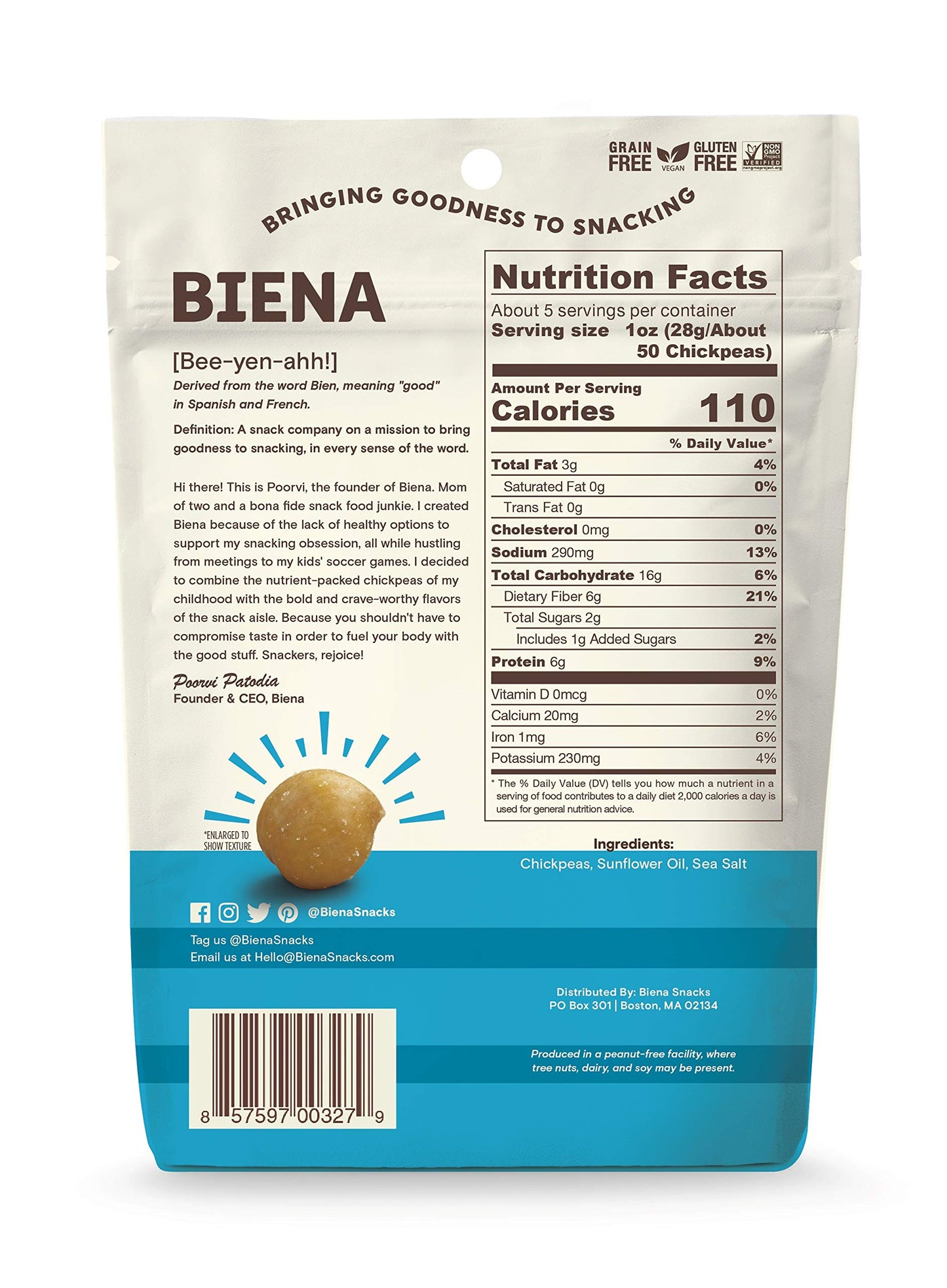 Biena Chickpea Snacks, Sea Salt | Gluten Free | Vegan | Dairy Free | Plant Based Protein (Single 5 Oz. Bag)