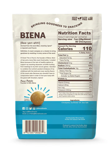 BIENA Chickpea Snacks, Sea Salt, Gluten Free, Vegan, 5 oz, Plant Based Protein