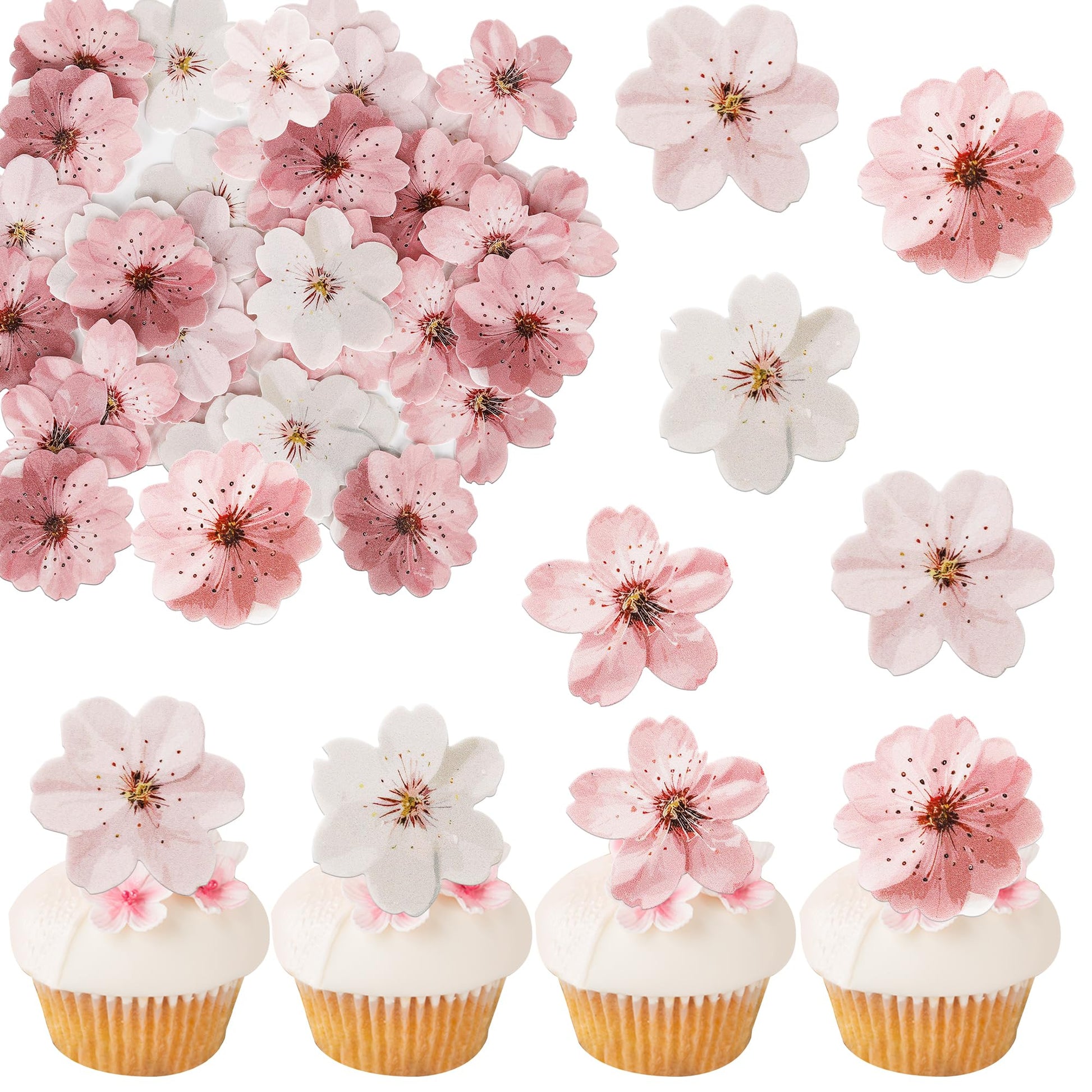 ZHUOWEISM 40 PCS Edible Cherry Blossoms Cupcake Toppers Wafer Paper Flowers for Kids Birthday Party Decorations Design 1