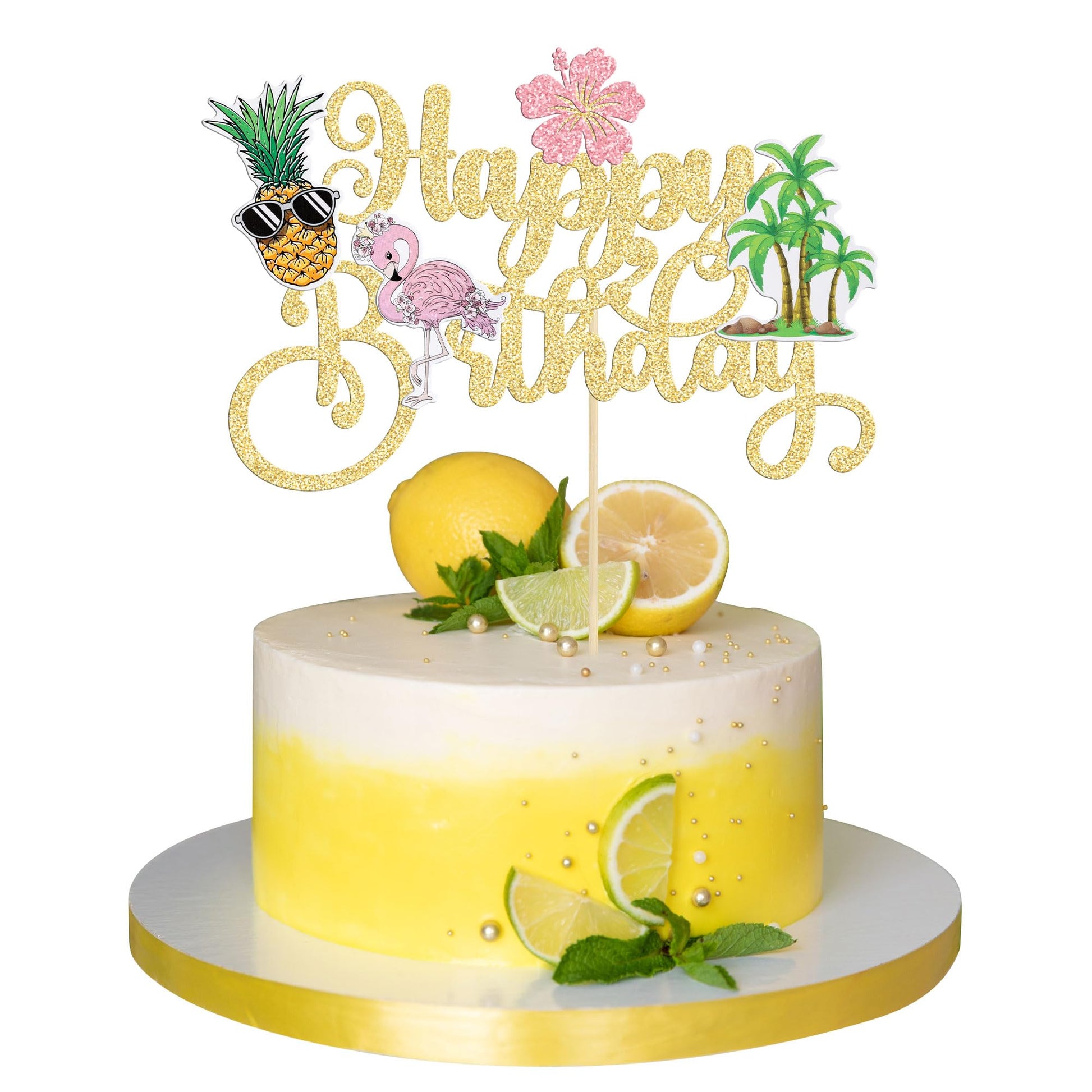 Gyufise 1Pcs Happy Birthday Cake Topper Tropical Hawaiian Luau Cake Pick Glitter Flamingo Flower Plam Leave Pineapple Cake Decor