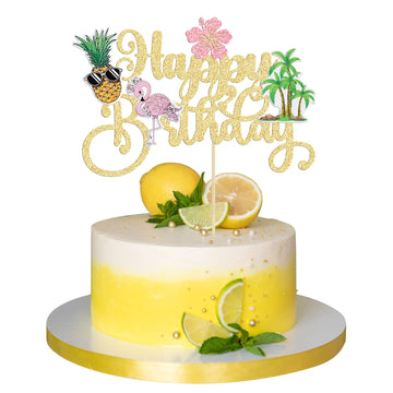 Gyufise 1Pcs Happy Birthday Cake Topper Tropical Hawaiian Luau Cake Pick Glitter Flamingo Flower Plam Leave Pineapple Cake Decor